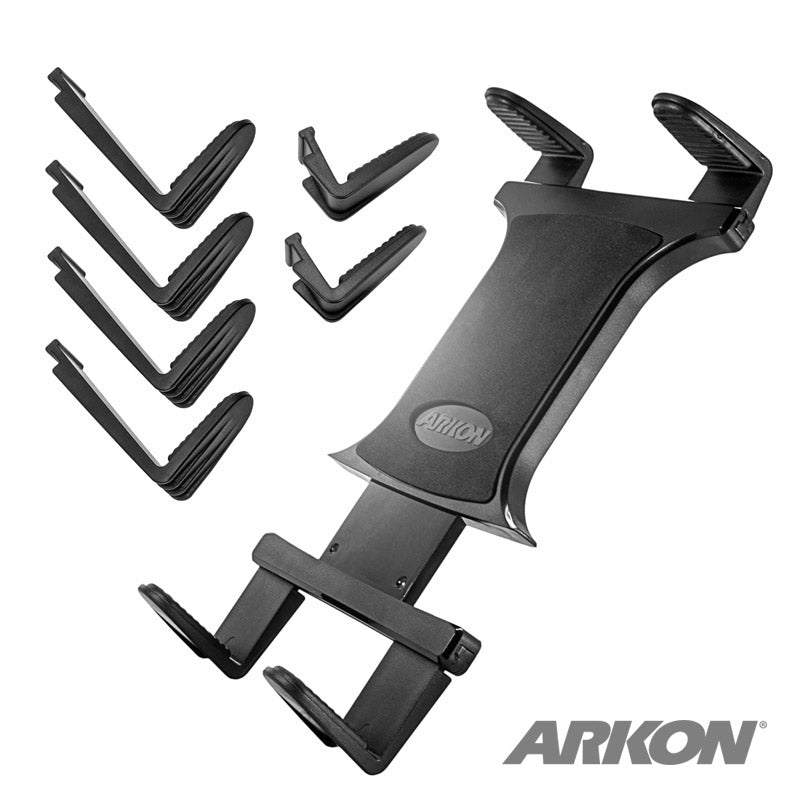 A black Slim-Grip® Universal Tablet Holder - AMPS Pattern Compatible is shown with six detachable corner grips. The Arkon logo is visible, and it offers secure mounting using a 4-Hole AMPS mount. “Arkon” appears in the bottom right corner.