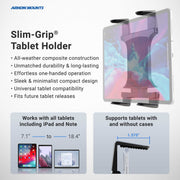 Promotional image for the Slim-Grip® Universal Tablet Holder w/ Dual-T mounting pattern, showing it gripping a tablet and highlighting features like all-weather build, one-handed use, and wide compatibility.