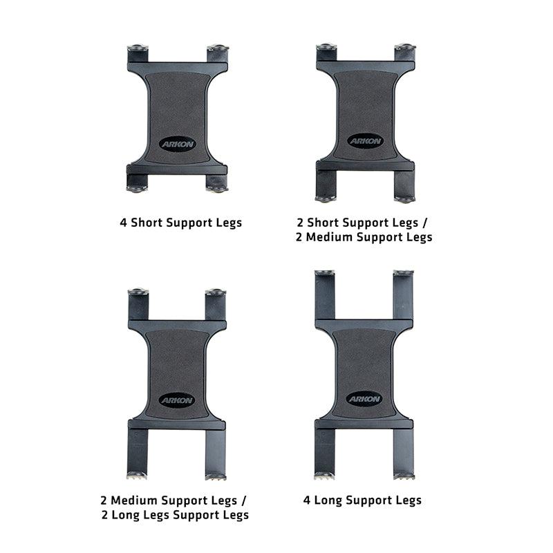 The Slim-Grip® Universal Tablet Holder w/ Dual-T mounting pattern comes in four versions: 4 short legs, 2 short & 2 medium legs, 2 medium & 2 long legs, or 4 long legs—each versatile and branded by Arkon.
