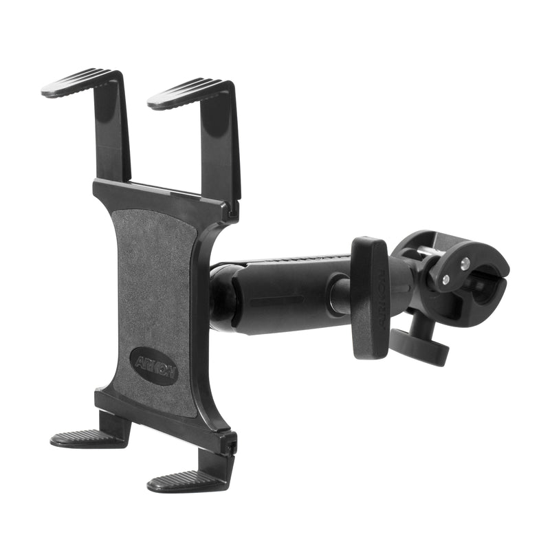 The Slim-Grip® Universal Tablet Holder with Clamp Mount and Extension Arm securely attaches to desks, tables, poles, or bars, offering a black, versatile solution for mounting your tablet on various surfaces.