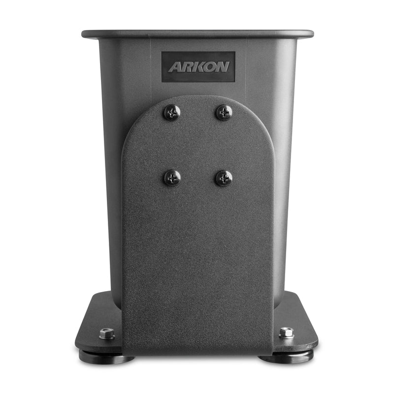 A front view of the black, rectangular SteadyMag™ Magnetic Mount System with Large Barcode Scanner Holder, featuring a smooth plastic top and textured base, mounted on a flat platform with four visible screws.