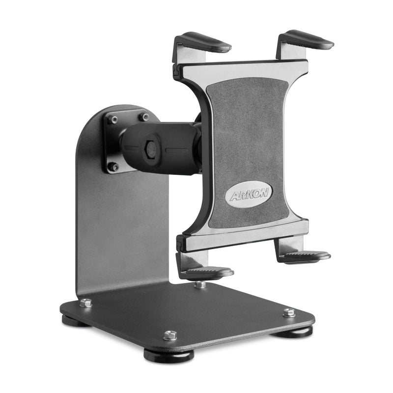 The SteadyMag™ Magnetic Mount System with Slim-Grip® Tablet Holder is a black and silver adjustable stand featuring a sturdy base, padded grips, rotating arm, and modern industrial design for securely holding your tablet in place.