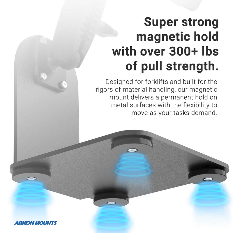 The SteadyMag™ Magnetic Mount System with Universal Barcode Scanner Holder attaches securely to metal, featuring blue LED effects and supporting 300+ lbs pull strength—ideal for forklifts and industrial environments.