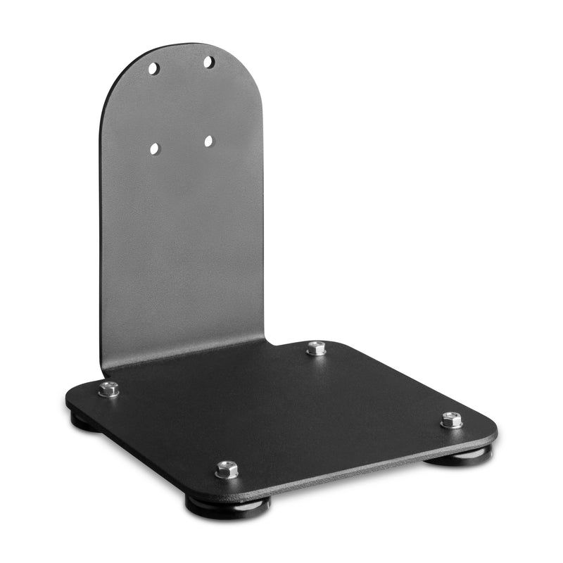The SteadyMag™ Magnetic Mounting System is a black metal L-shaped forklift mounting bracket with four bolts on the base, four round feet, and two holes near the top, AMPS compatible, shown against a white background.