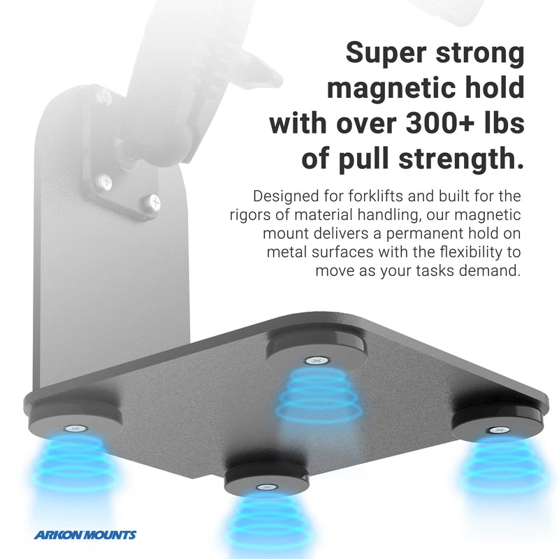 The SteadyMag™ Magnetic Mounting System, featuring four blue-glowing magnets beneath a metal surface, boasts 300+ lbs pull strength—ideal as a forklift mounting bracket for material handling. Arkon Mounts logo is shown bottom left.