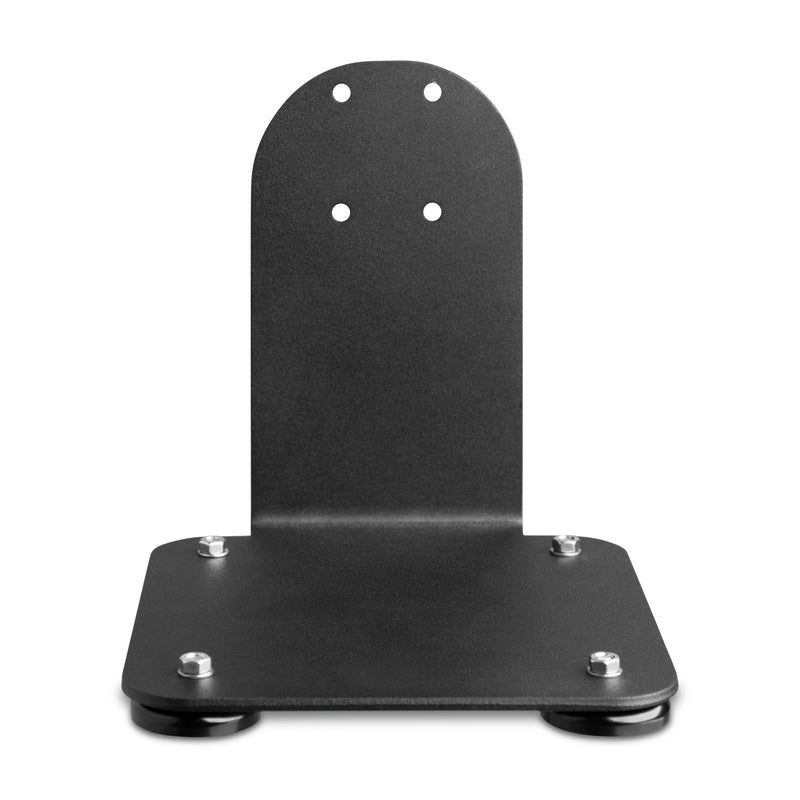 The SteadyMag™ Magnetic Mounting System features a black metal AMPS-compatible bracket with four base bolts, two rounded pads underneath, and four holes on the back plate for wall mounting, displayed against a white background.