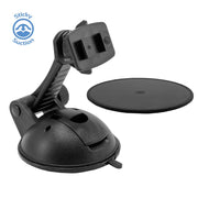 The Sticky Suction Car Windshield or Dash Mounting Pedestal - Dual-T Compatible features an adjustable arm, suction cup base, and comes with a round adhesive pad. Securely mounts on your dashboard; Blue Sticky Suction logo appears in the top left.