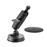 The Sticky Suction Windshield or Dash Car Mount - 17mm Ball Compatible features a black adjustable design and comes with a round adhesive disk for versatile mounting.