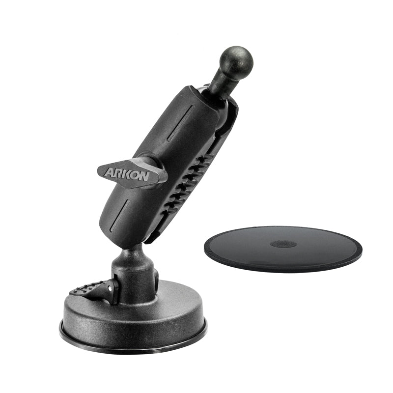 The Sticky Suction Windshield or Dash Car Mount - 17mm Ball Compatible features a black adjustable design and comes with a round adhesive disk for versatile mounting.