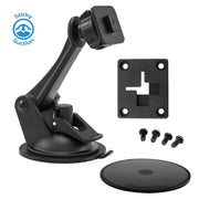 The Sticky Suction Windshield or Dash Car Mount for XM and Sirius Satellite Radio includes a black adjustable suction mount with a rectangular bracket, four screws, and a round adhesive pad. Sticky Suction logo appears in the top left corner.