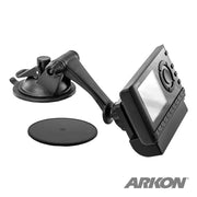 The Sticky Suction Windshield or Dash Car Mount securely holds your XM or Sirius Satellite Radio, includes a round adhesive pad, and features the ARKON logo. Perfect for mounting your device on your car’s dashboard or windshield.