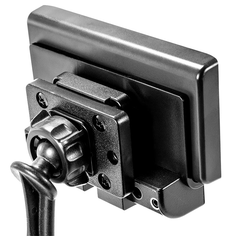 A close-up of a Sticky Suction Windshield or Dash Car Mount for XM and Sirius Satellite Radio, shown in black with an adjustable bracket, screws, and knurled knob, photographed on a white background.