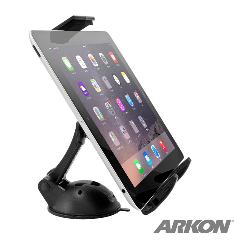 An iPad is held upright in a black ARKON Sticky Suction Windshield or Dash Tablet Mount, angled for easy viewing. The mount’s sticky suction base keeps the tablet secure, while the ARKON logo is visible in the corner.