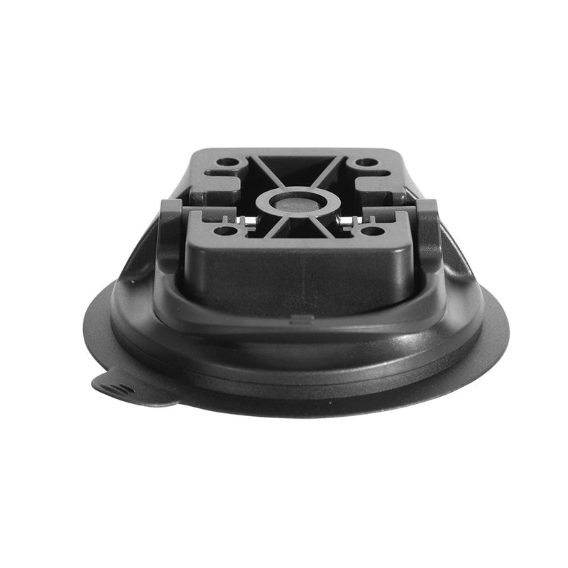 The Suction Cup Base - AMPS Compatible is a black plastic mounting bracket with a round suction cup and 4-hole AMPS pattern, shown from the front and above, highlighting geometric shapes and multiple attachment points for Arkon holder compatibility.