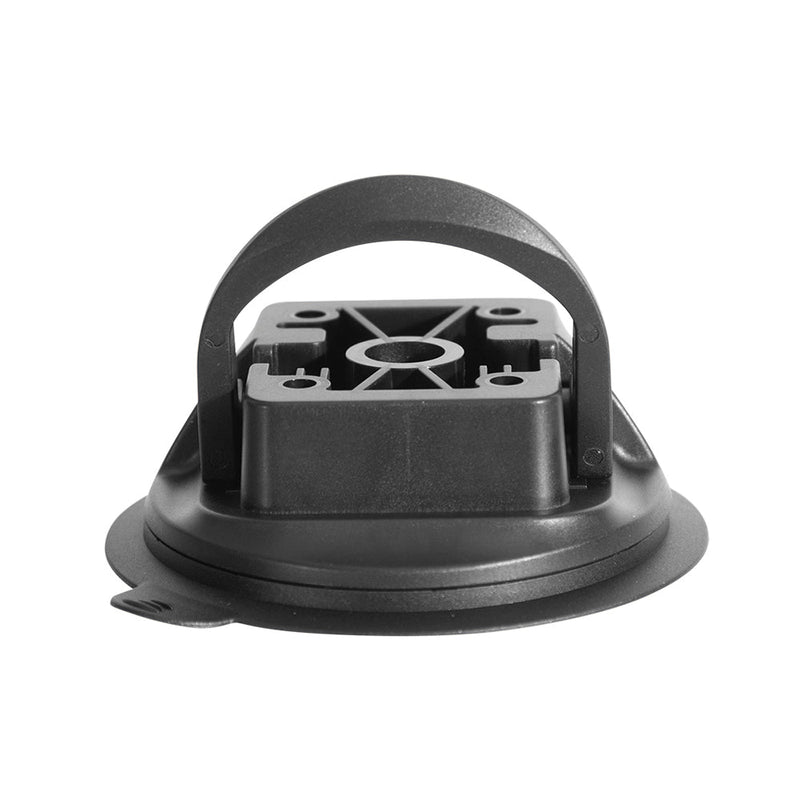 The Suction Cup Base - AMPS Compatible features a black plastic locking suction cup with a circular base, upright handle, and 4-hole AMPS pattern. Front view shown on white background. Compatible with Arkon holders for versatile mounting options.