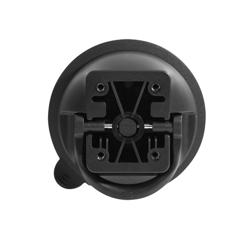 A top-down view of the Suction Cup Base - AMPS Compatible shows a black, circular base with a square bracket and 4-hole AMPS pattern for device mounting. It supports Arkon holders. The background is white.