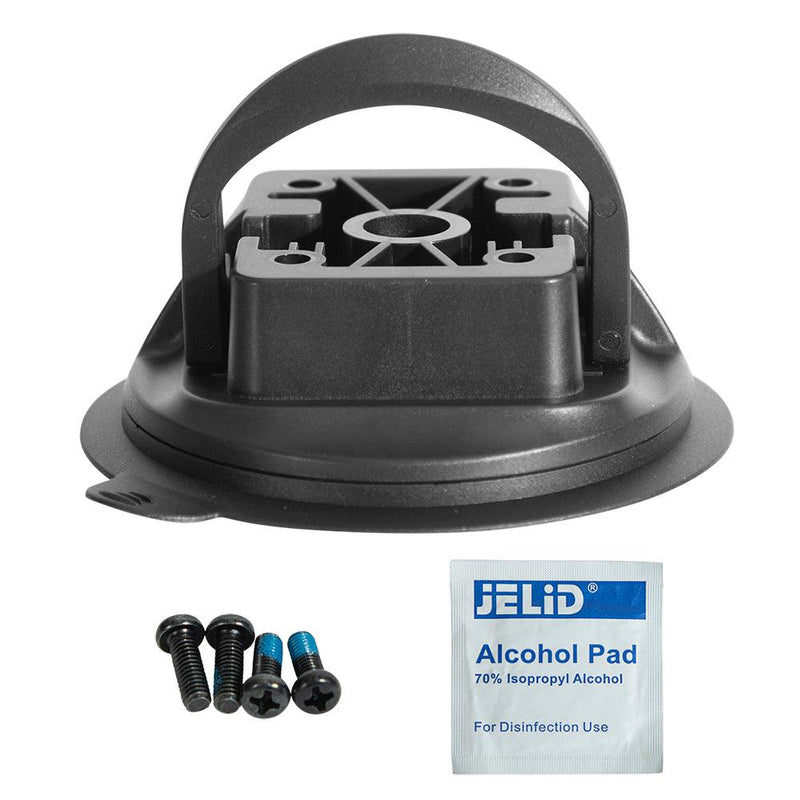 The Suction Cup Base - AMPS Compatible (black, with handle and 4-hole AMPS pattern) is displayed above three screws and a sealed JELID Alcohol Pad, 70% Isopropyl Alcohol, for disinfection. Compatible with Arkon holders for flexible mounting.