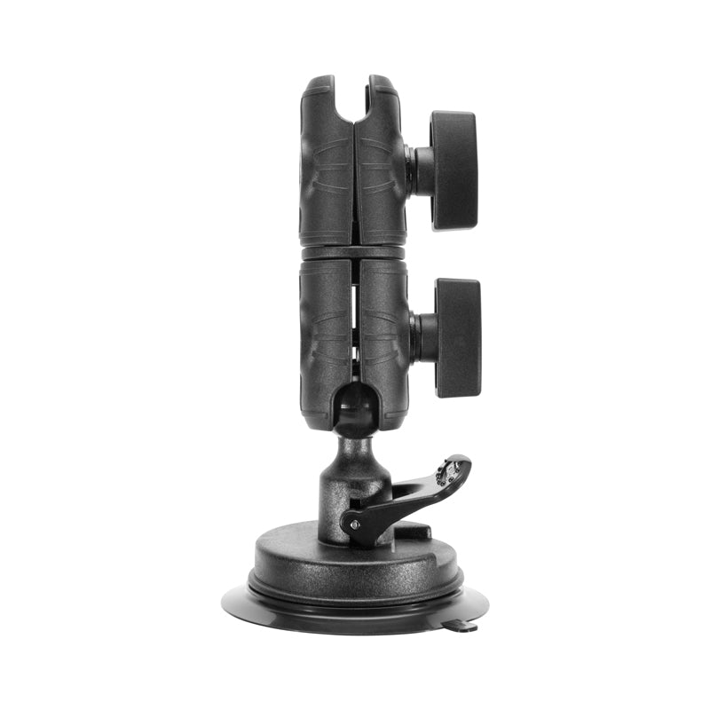 The Suction Mount with Double Socket Swivel Arm features tightening knobs and a 25mm ball adapter, shown in black from a side view on a white background, ideal for securely holding devices or accessories.
