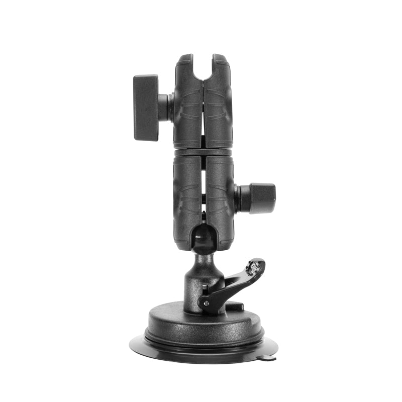 The Suction Mount with Double Socket Swivel Arm, shown upright against a white background, features adjustable joints and locking knobs for secure camera positioning.
