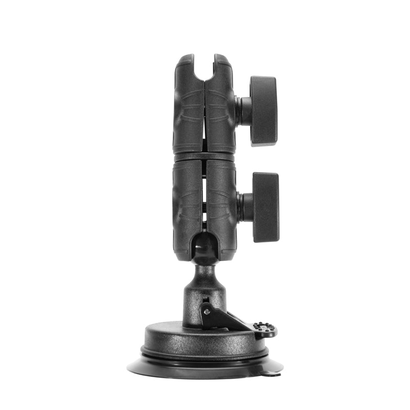 The Suction Mount with Double Socket Swivel Arm is shown in black, featuring two adjustable clamps and knobs, photographed against a white background.
