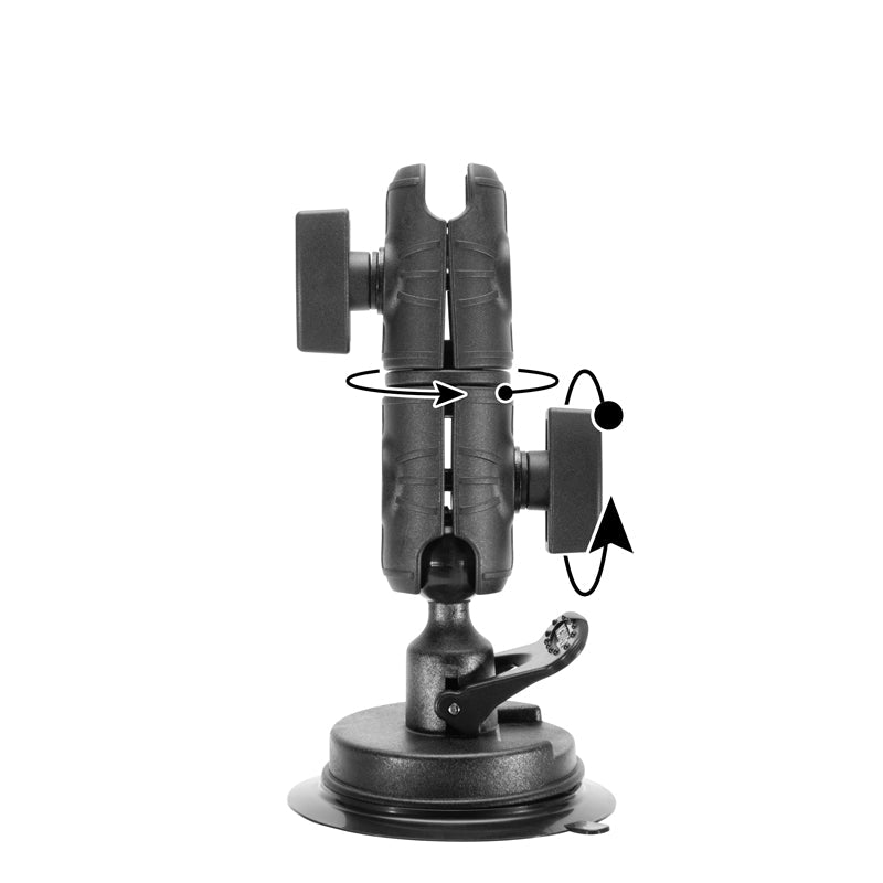The Suction Mount with Double Socket Swivel Arm in black features a 25mm ball adapter, adjustable rotating arms, and knobs for tilting and swiveling, shown with directional arrows to indicate movement.