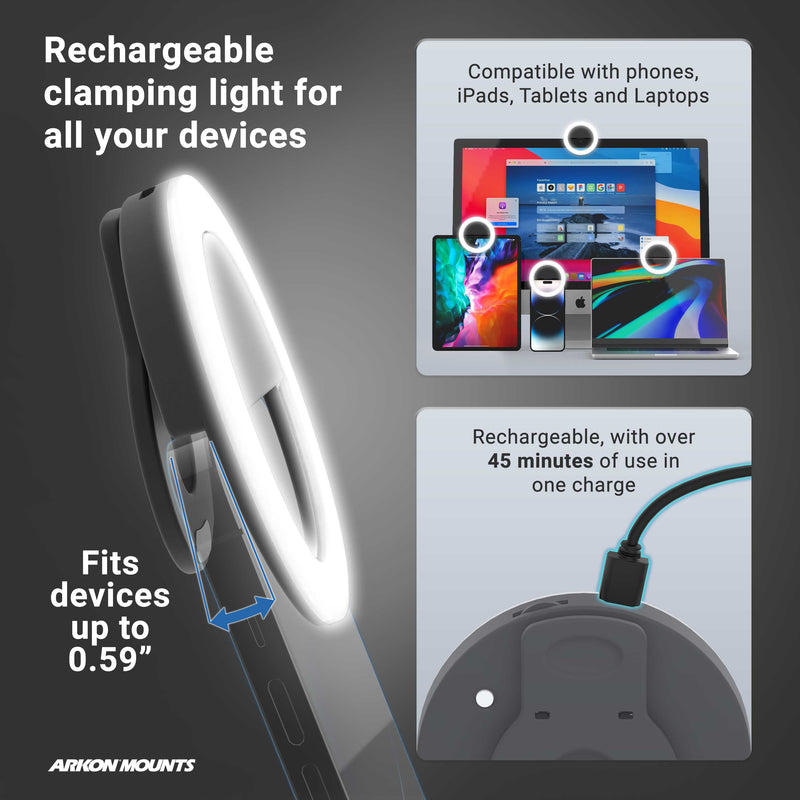 The Suction RoadVise® Phone Mount and Ring Light Bundle fits devices up to 0.59, works with phones, tablets, laptops, is great for beauty content, and offers over 45 minutes of rechargeable LED lighting per charge.