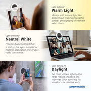 A graphic displays the Suction RoadVise® Phone Mount and Ring Light Bundle’s three light modes: Warm for golden video chats, Neutral White for balanced calls, and Daylight for vibrant beauty or creative content.