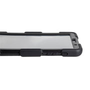 Close-up of the edge of a black Tablet Case for Galaxy Tab A7 Lite, highlighting its rugged multi-layer protection, reinforced corners, side buttons, and part of the screen.