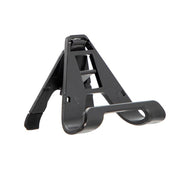 A black, foldable plastic stand holds devices like smartphones or tablets, shown on a white background—ideal for use with the Tablet Case for Galaxy Tab A7 Lite, which offers multi-layer protection.