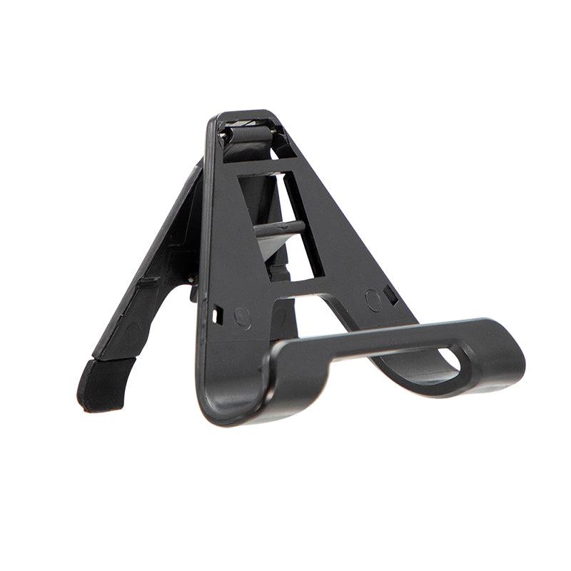 A black, foldable plastic stand holds devices like smartphones or tablets, shown on a white background—ideal for use with the Tablet Case for Galaxy Tab A7 Lite, which offers multi-layer protection.