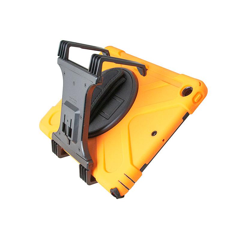 The Tablet Handstrap Support Legs for Slim-Grip Universal Tablet Holder features a rugged orange design with a black adjustable hand strap and built-in stand for secure protection and convenient hands-free tablet use.
