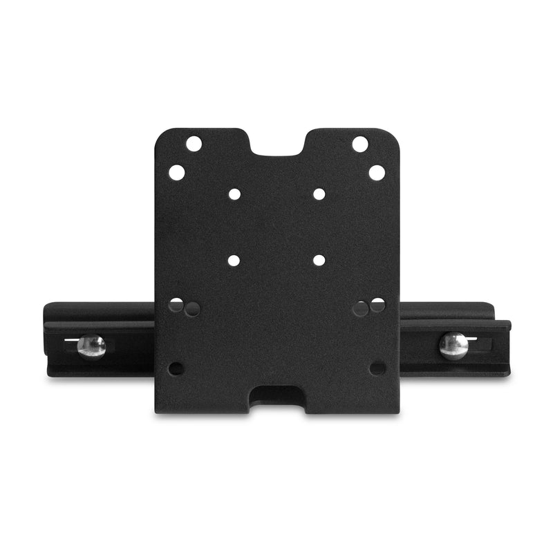 The Taxi Headrest Tablet Mobile Printer Payment Terminal Mount features a black metal bracket with multiple screw holes, a horizontal sliding rail, and two silver bolts per side, compatible with 4-hole AMPS for rideshare headrest setups.