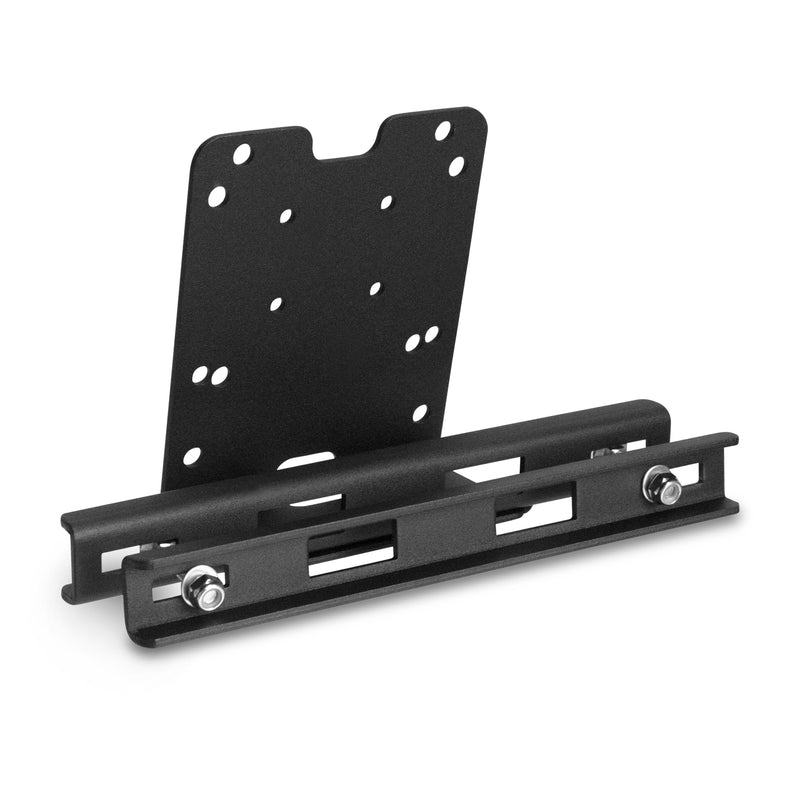 The Taxi Headrest Tablet Mobile Printer Payment Terminal Mount is a black metal adjustable bracket with a sliding rail, two bolts, and multiple holes, 4-hole AMPS compatible for secure mounting of devices to vehicle headrests.