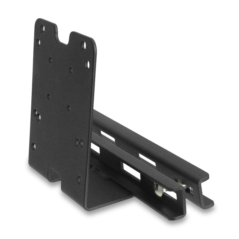 The Taxi Headrest Tablet Mobile Printer Payment Terminal Mount features a black metal wall bracket with a flat, 4-hole AMPS-compatible backplate and angled slotted arm, shown on a white background—ideal for secure taxi headrest mounting.