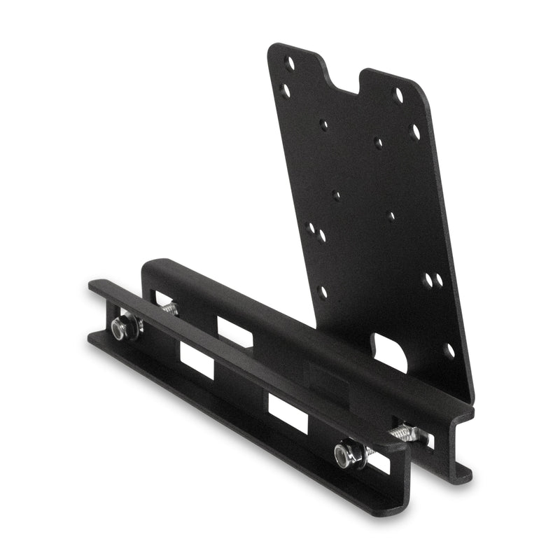 The Taxi Headrest Tablet Mobile Printer Payment Terminal Mount features a black metal bracket with multiple holes and adjustable bolts, compatible with 4-Hole AMPS—ideal for wall or surface attachment in taxis or ride-sharing vehicles.