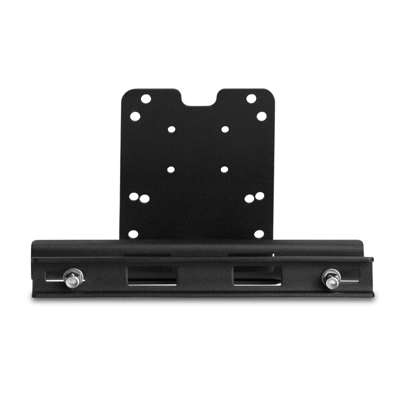 The Taxi Headrest Tablet Mobile Printer Payment Terminal Mount is a black metal, 4-hole AMPS compatible upright mount with a rectangular backplate and bottom horizontal bar—perfect for taxi or rideshare headrest applications.