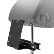 The Taxi Headrest Tablet Mobile Printer Payment Terminal Mount attaches to the chrome support rod of a gray leather headrest, providing a secure 4-hole AMPS compatible solution ideal for rideshare vehicles.