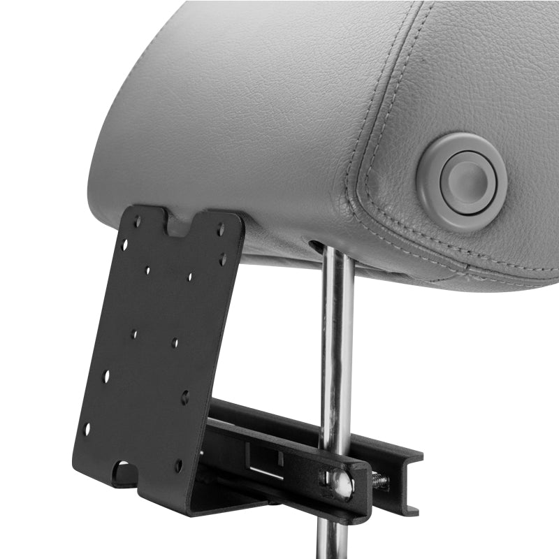 The Taxi Headrest Tablet Mobile Printer Payment Terminal Mount attaches to the chrome support rod of a gray leather headrest, providing a secure 4-hole AMPS compatible solution ideal for rideshare vehicles.