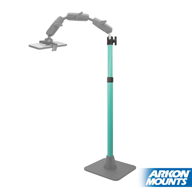 Upgrade your Pro Stand with the TEAL Post/Shaft Replacement for a sleek look. Features an adjustable teal and gray design, flat square base, articulated arm, device grip, and Arkon Mounts logo in the bottom right corner.