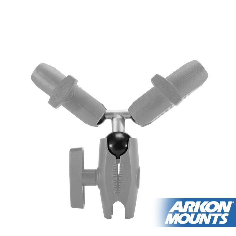 The Triple Ball Adapter with 38mm and two 25mm ball adapters features clamps, adjustable joints, and mounts devices. Compatible with the Arkon Robust Series Mount; Arkon Mounts logo shown bottom right.