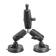The Triple Robust Double Windshield Suction Mount is a black, heavy-duty mount with dual suction cups, adjustable arms and joints, and 17mm ball compatibility—perfect for securely attaching gear to smooth surfaces like windshields.