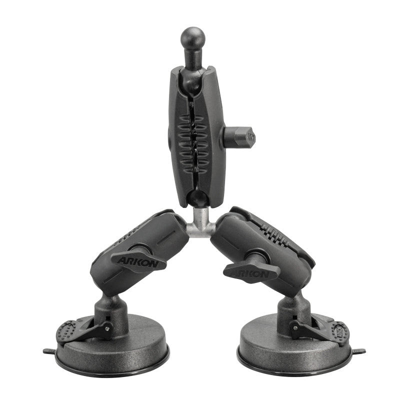 The Triple Robust Double Windshield Suction Mount is a black, heavy-duty mount with dual suction cups, adjustable arms and joints, and 17mm ball compatibility—perfect for securely attaching gear to smooth surfaces like windshields.