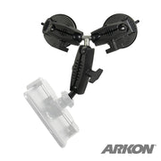 The Triple Robust Double Windshield Suction Mount features dual black suction cups, adjustable arms, a transparent holder, and ARKON branding. Its built for durability and is compatible with 17mm ball accessories.