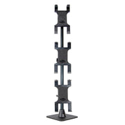 The Triple Slim-Grip® Tablet Holder Stand is a black vertical stand with four clamps on a square base, perfect for securing tablets at point of sale stations in restaurants using DoorDash, Uber Eats, or Grubhub.