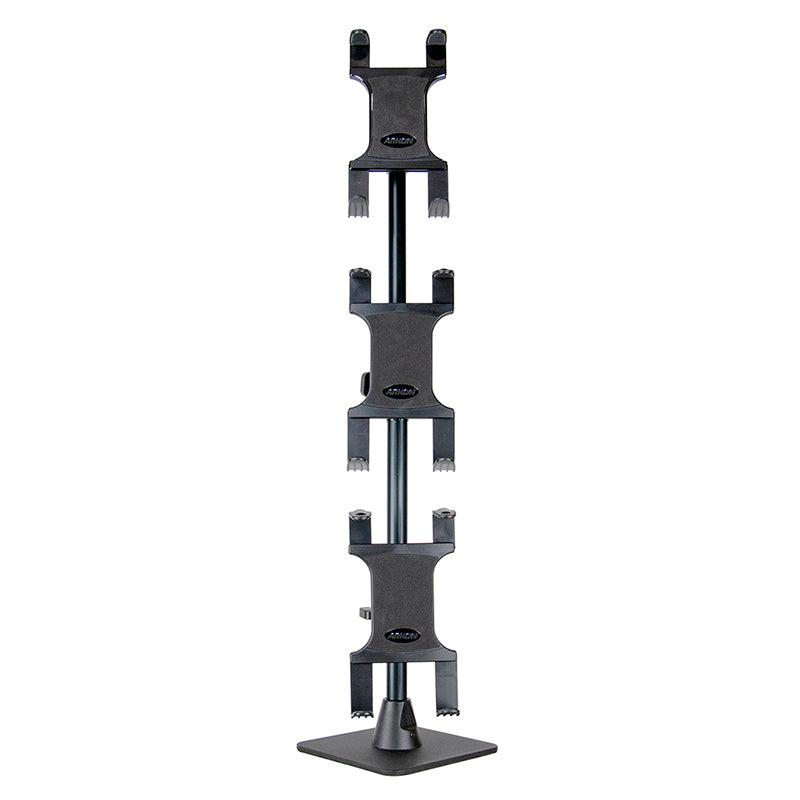 The Triple Slim-Grip® Tablet Holder Stand is a black vertical stand with four clamps on a square base, perfect for securing tablets at point of sale stations in restaurants using DoorDash, Uber Eats, or Grubhub.