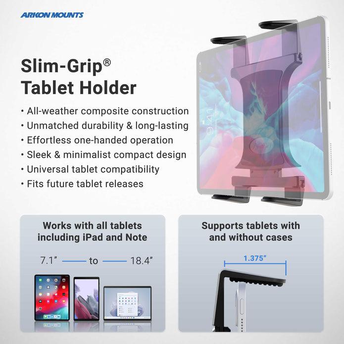 Promotional image for the Triple Slim-Grip® Tablet Holder Stand—ideal for point of sale or restaurant delivery apps like DoorDash, Uber Eats, and Grubhub. Fits 7.1–18.4 tablets (with or without cases), supports one-handed use and all-weather durability.