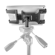 A tablet is shown from the back mounted on the Tripod Slim-Grip® Tablet Mount 22mm Ball Compatible, attached to a tripod with two control handles for sturdy, adjustable positioning.