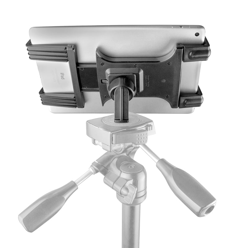 A tablet is shown from the back mounted on the Tripod Slim-Grip® Tablet Mount 22mm Ball Compatible, attached to a tripod with two control handles for sturdy, adjustable positioning.
