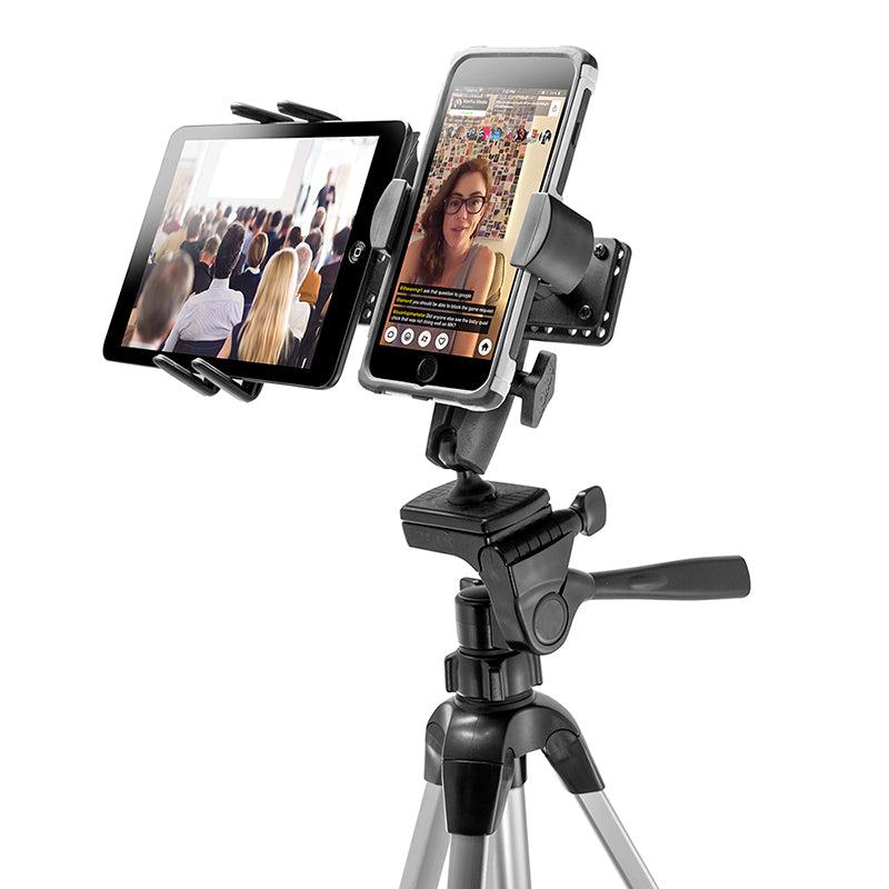 The TW Broadcaster Combo - Slim-Grip® Ultra and RoadVise® Phone Tripod Mount Holder supports both smartphones and tablets, making it ideal for live streaming events and content creation by displaying streamers and their audiences.