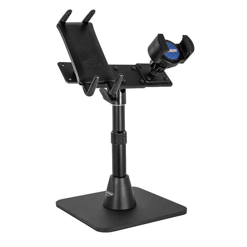 The TW Broadcaster Combo Stand features a black adjustable metal design with a flat square base and both Slim-Grip® Ultra and RoadVise® holders to mount tablets or phones side by side for live streaming.